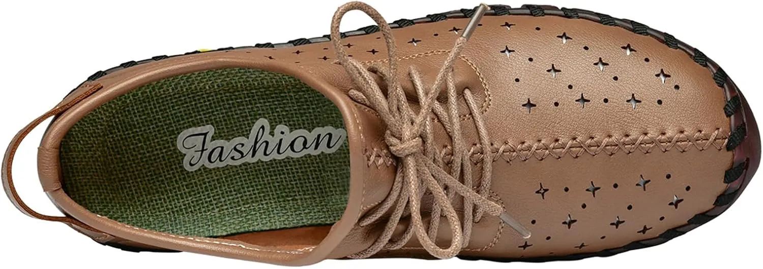 Women's Leather Lace-up Soft Sole Flat Shoes Hand Stitching Comfort Non-Slip Mom Loafers Casual Hollow Breathable Comfortable Soft Sole Driving Walking Shoes