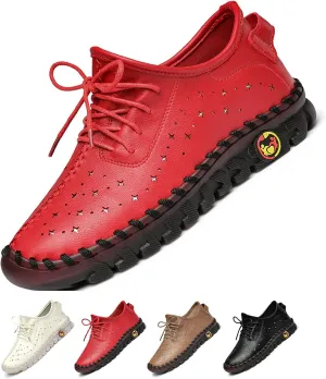 Women's Leather Lace-up Soft Sole Flat Shoes Hand Stitching Comfort Non-Slip Mom Loafers Casual Hollow Breathable Comfortable Soft Sole Driving Walking Shoes