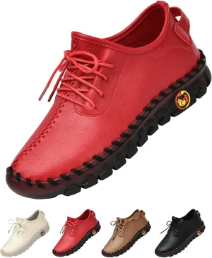 Women's Leather Lace-up Soft Sole Flat Shoes Hand Stitching Comfort Non-Slip Mom Loafers Casual Hollow Breathable Comfortable Soft Sole Driving Walking Shoes