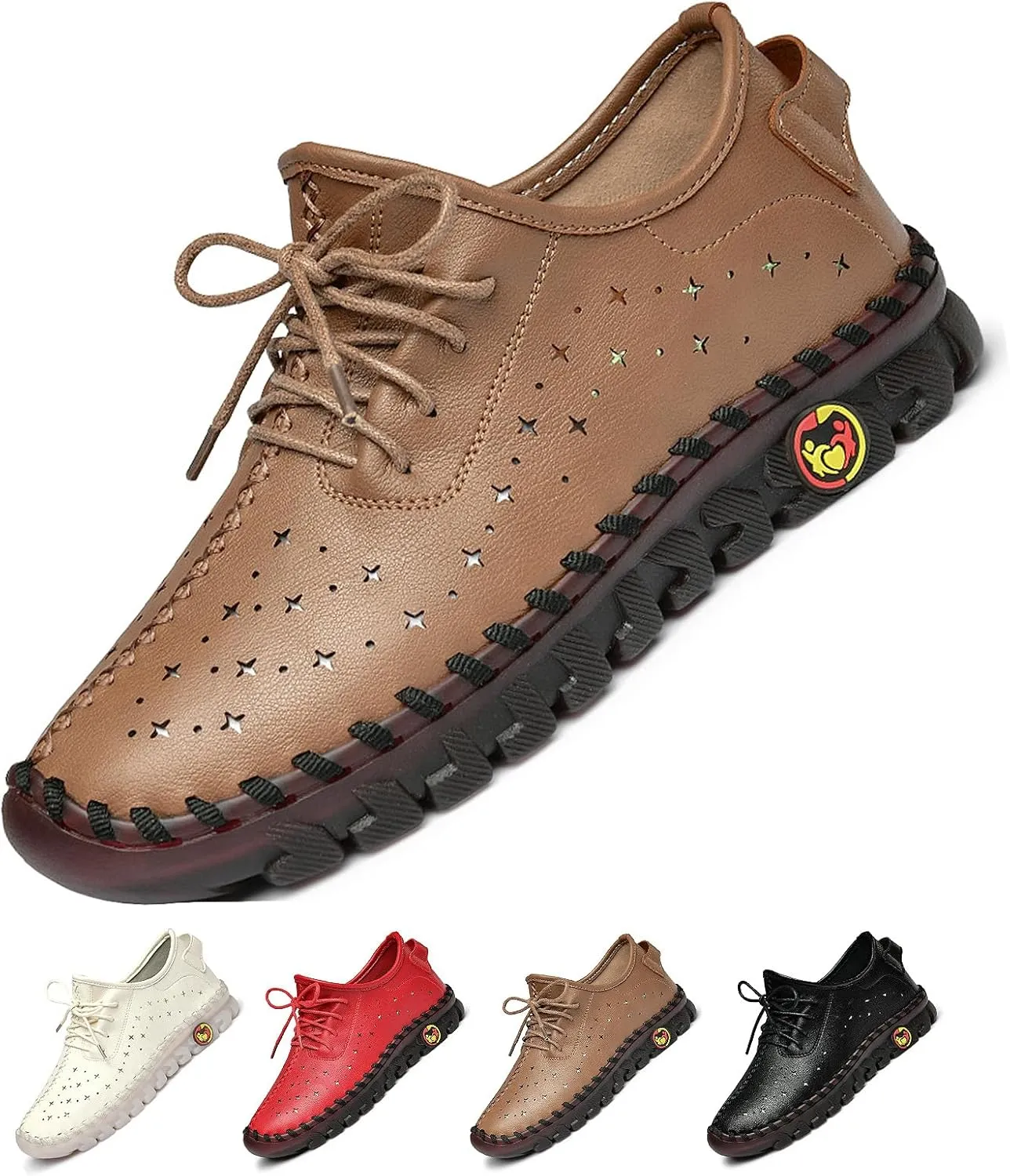 Women's Leather Lace-up Soft Sole Flat Shoes Hand Stitching Comfort Non-Slip Mom Loafers Casual Hollow Breathable Comfortable Soft Sole Driving Walking Shoes