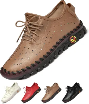 Women's Leather Lace-up Soft Sole Flat Shoes Hand Stitching Comfort Non-Slip Mom Loafers Casual Hollow Breathable Comfortable Soft Sole Driving Walking Shoes