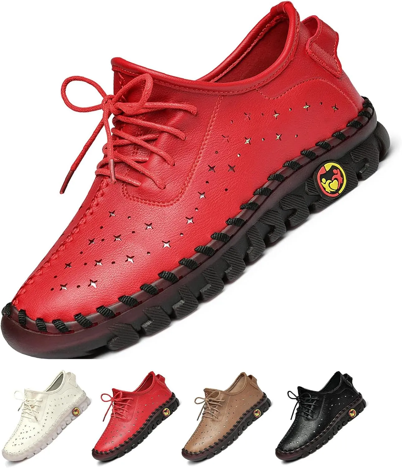 Women's Leather Lace-up Soft Sole Flat Shoes Hand Stitching Comfort Non-Slip Mom Loafers Casual Hollow Breathable Comfortable Soft Sole Driving Walking Shoes
