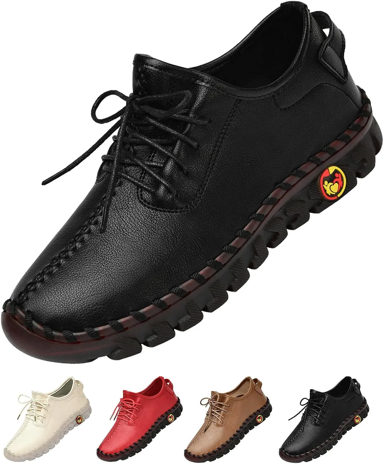Women's Leather Lace-up Soft Sole Flat Shoes Hand Stitching Comfort Non-Slip Mom Loafers Casual Hollow Breathable Comfortable Soft Sole Driving Walking Shoes