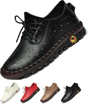 Women's Leather Lace-up Soft Sole Flat Shoes Hand Stitching Comfort Non-Slip Mom Loafers Casual Hollow Breathable Comfortable Soft Sole Driving Walking Shoes