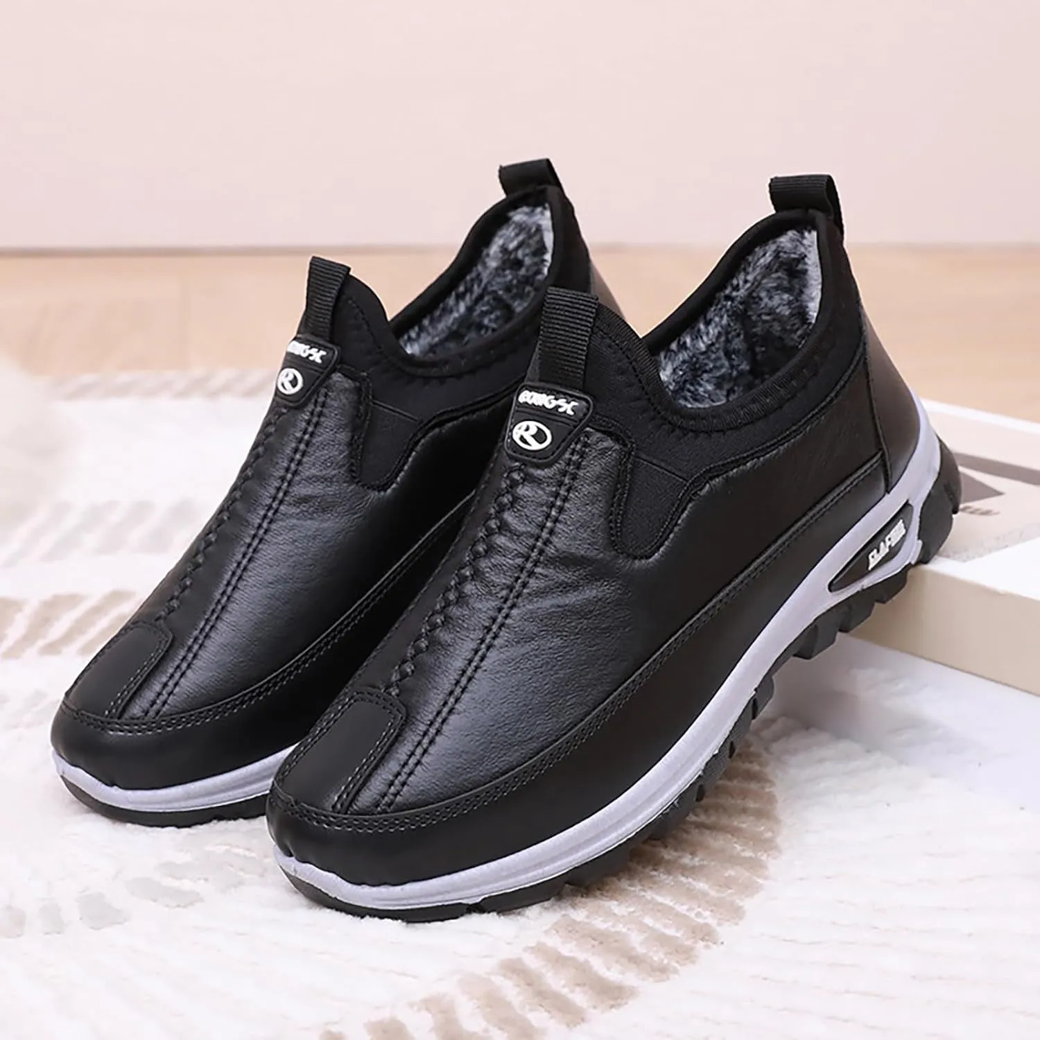 Women's Leather Snow Boots Fleece Lined Winter Warm Boots Non Slip Furry Boots Casual Snow Boots for Women