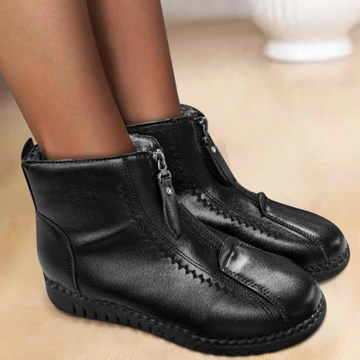 Women's Leather Snow Boots Plus Velvet Warm Winter Boots Water Proof Zipper Wide Width Snow Boots for Women