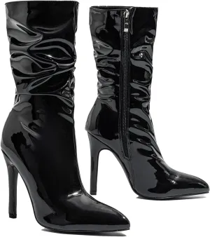 Women'S Patent Leather Stiletto Mid-Calf Booties Sexy Pointed Toe Side-Zip Fashion High Heels Ankle Boots For Office Party Soft Non-Slip Dress Boots