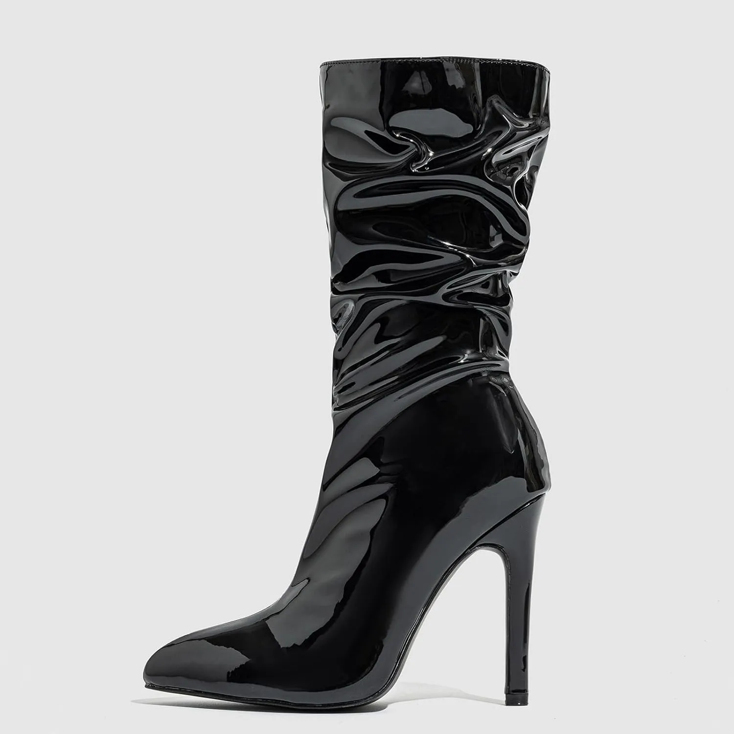 Women'S Patent Leather Stiletto Mid-Calf Booties Sexy Pointed Toe Side-Zip Fashion High Heels Ankle Boots For Office Party Soft Non-Slip Dress Boots