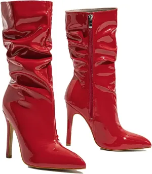 Women'S Patent Leather Stiletto Mid-Calf Booties Sexy Pointed Toe Side-Zip Fashion High Heels Ankle Boots For Office Party Soft Non-Slip Dress Boots