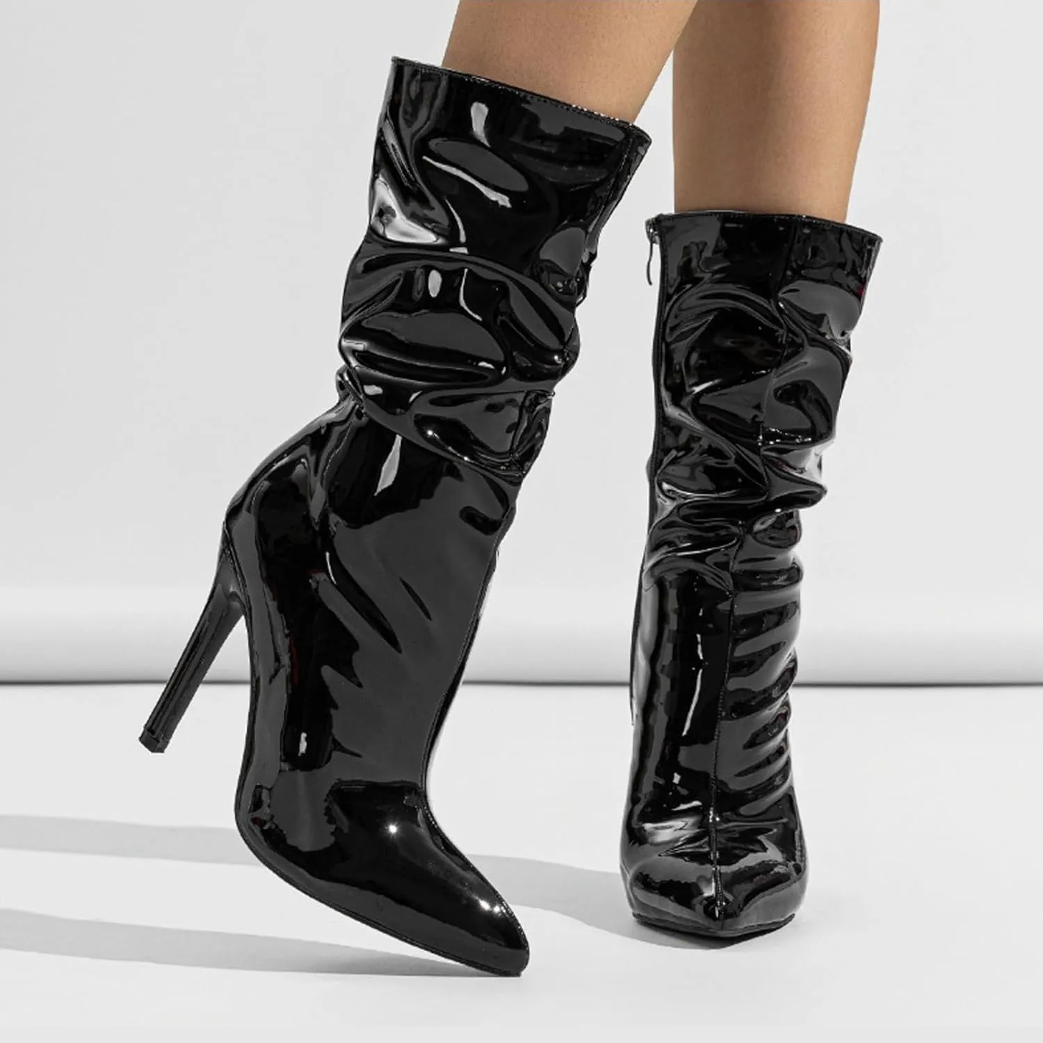 Women'S Patent Leather Stiletto Mid-Calf Booties Sexy Pointed Toe Side-Zip Fashion High Heels Ankle Boots For Office Party Soft Non-Slip Dress Boots