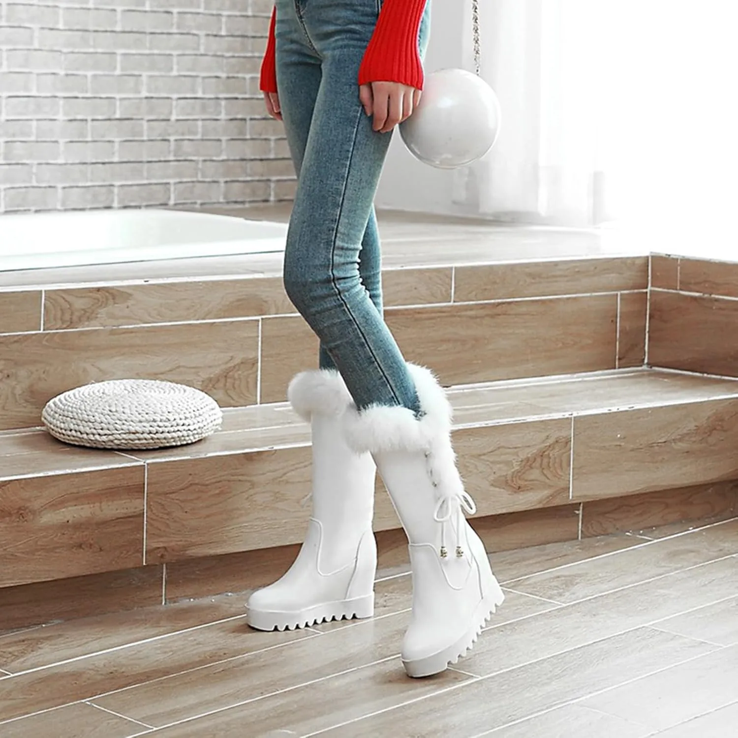 Women's Platform Hidden Wedge Mid Calf Boots Winter Warm Furry Collar Round Toe Slip On Waterproof Non-slip Leather Snow Boots