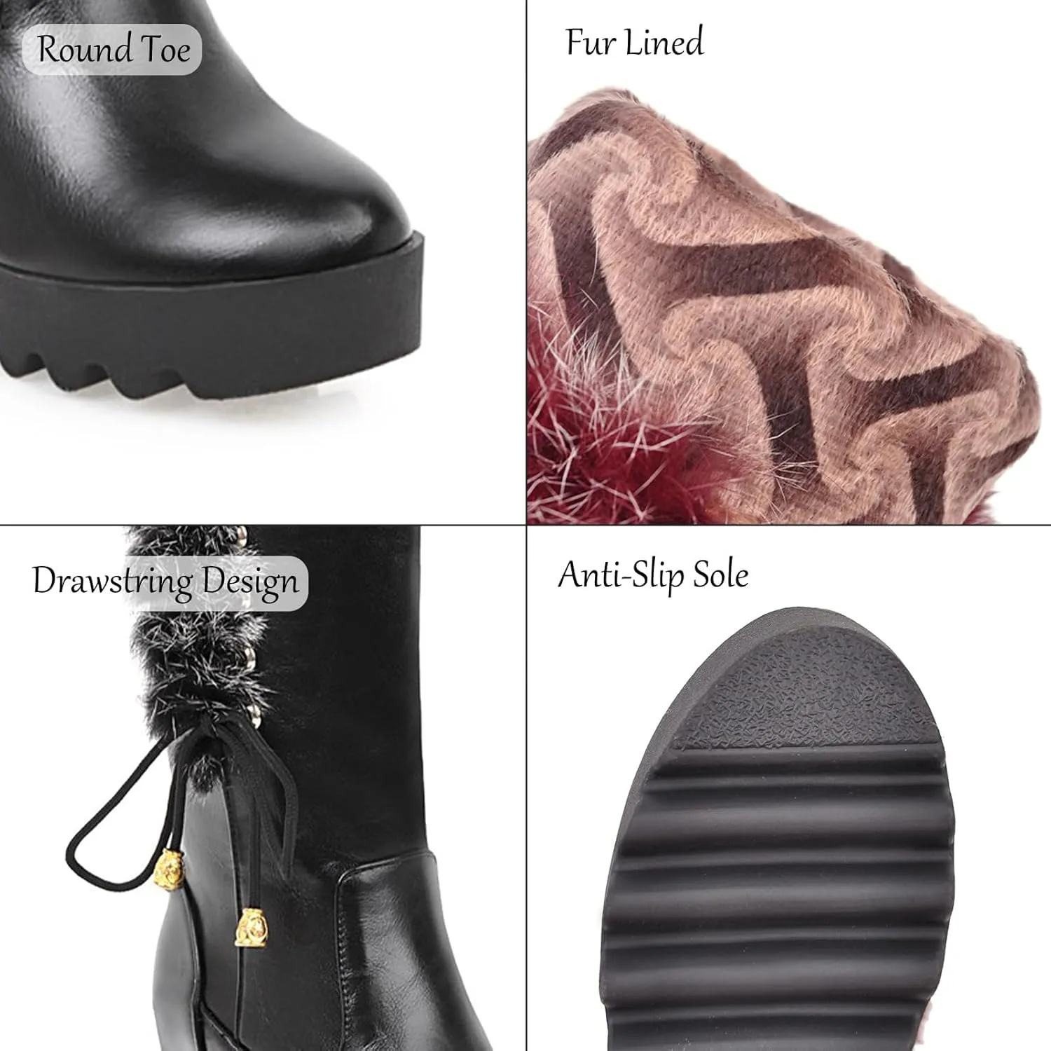 Women's Platform Hidden Wedge Mid Calf Boots Winter Warm Furry Collar Round Toe Slip On Waterproof Non-slip Leather Snow Boots
