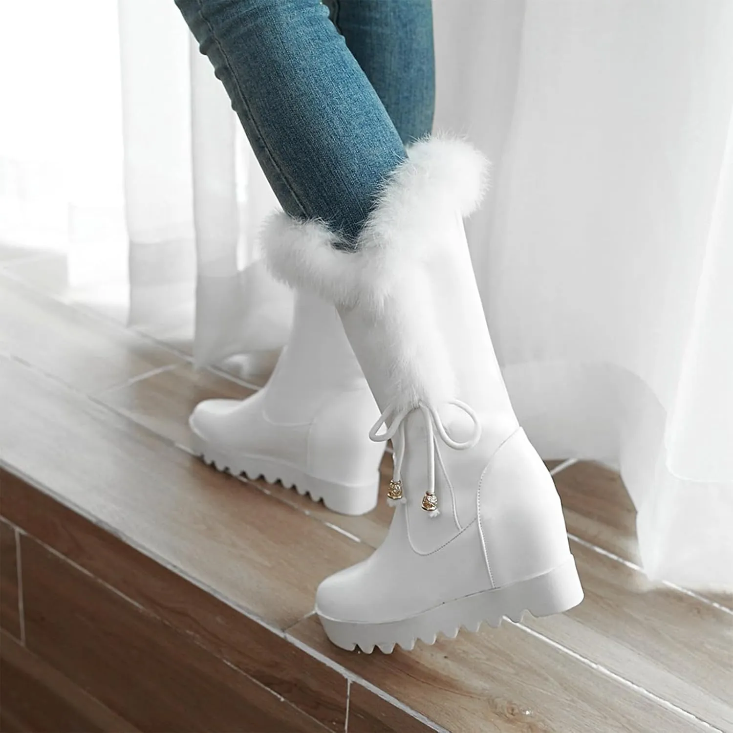 Women's Platform Hidden Wedge Mid Calf Boots Winter Warm Furry Collar Round Toe Slip On Waterproof Non-slip Leather Snow Boots