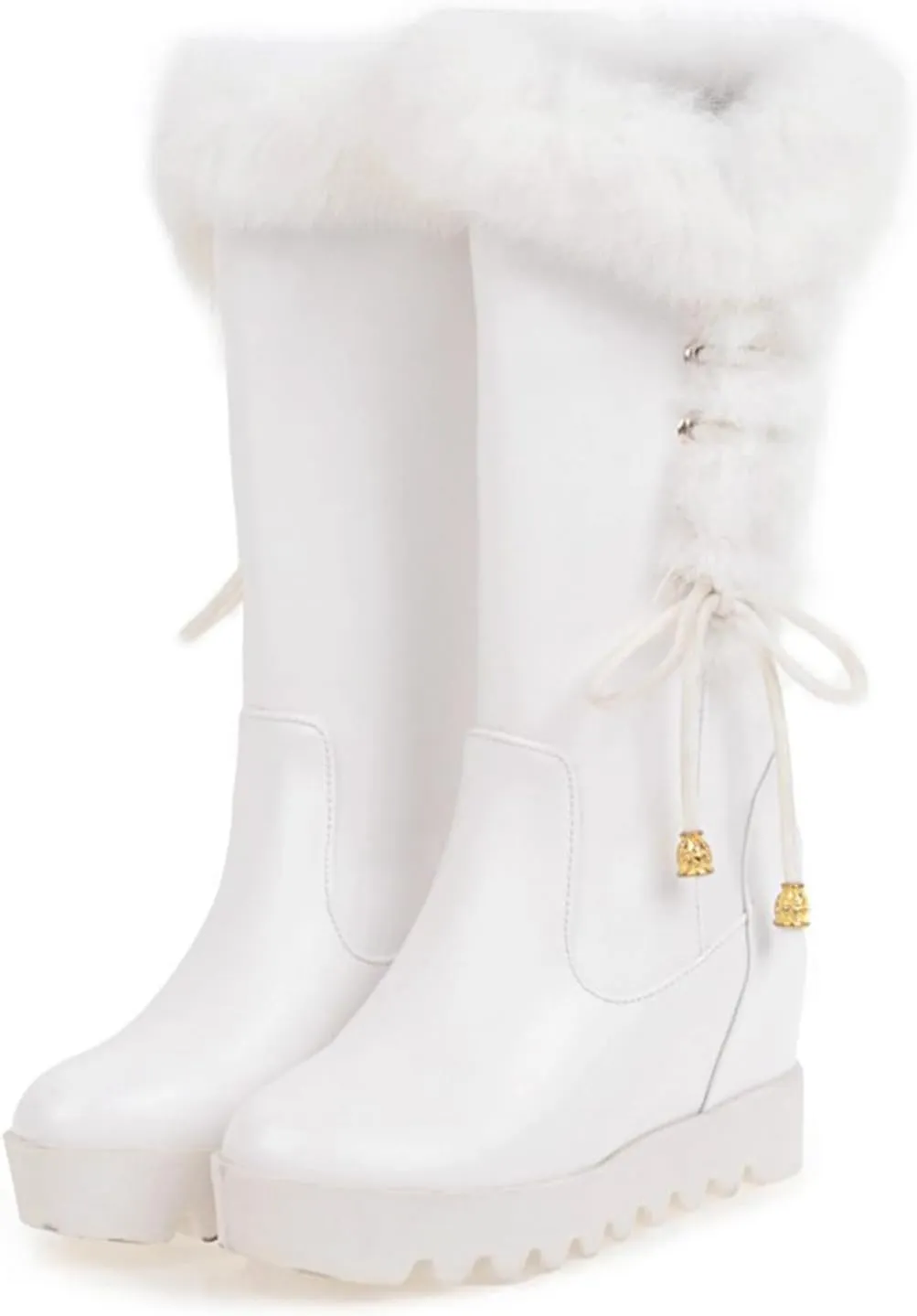 Women's Platform Hidden Wedge Mid Calf Boots Winter Warm Furry Collar Round Toe Slip On Waterproof Non-slip Leather Snow Boots