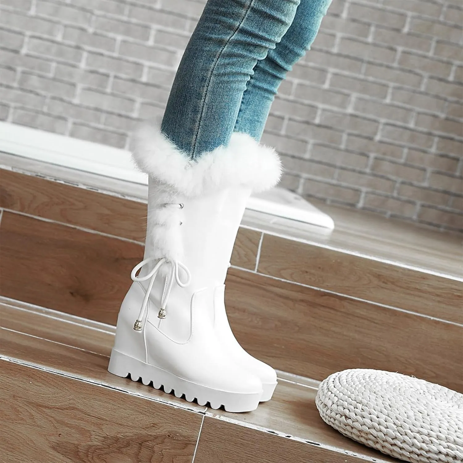 Women's Platform Hidden Wedge Mid Calf Boots Winter Warm Furry Collar Round Toe Slip On Waterproof Non-slip Leather Snow Boots