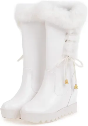 Women's Platform Hidden Wedge Mid Calf Boots Winter Warm Furry Collar Round Toe Slip On Waterproof Non-slip Leather Snow Boots