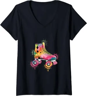 Womens Retro Graffiti Roller Skater Shoes Roller Skating V-Neck T-Shirt