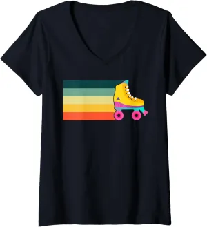 Womens Retro Vintage Roller Skate Roller Skating Skater V-Neck T-Shirt