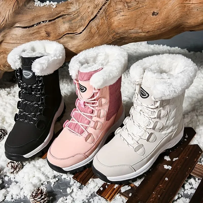 Women's Round Toe Outdoor Snow Boots, lace-up Winter Warm mid-Calf Boots, Comfortable Outdoor Walking Shoes