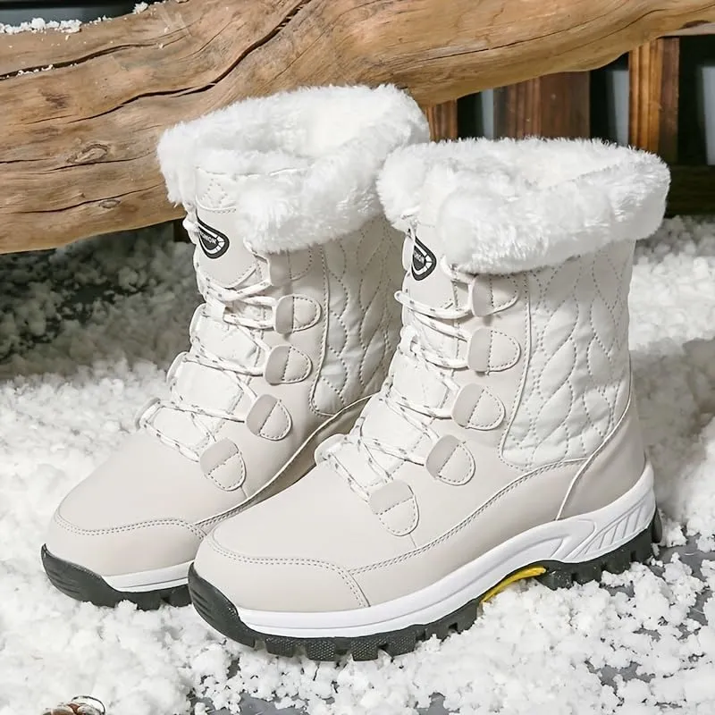 Women's Round Toe Outdoor Snow Boots, lace-up Winter Warm mid-Calf Boots, Comfortable Outdoor Walking Shoes