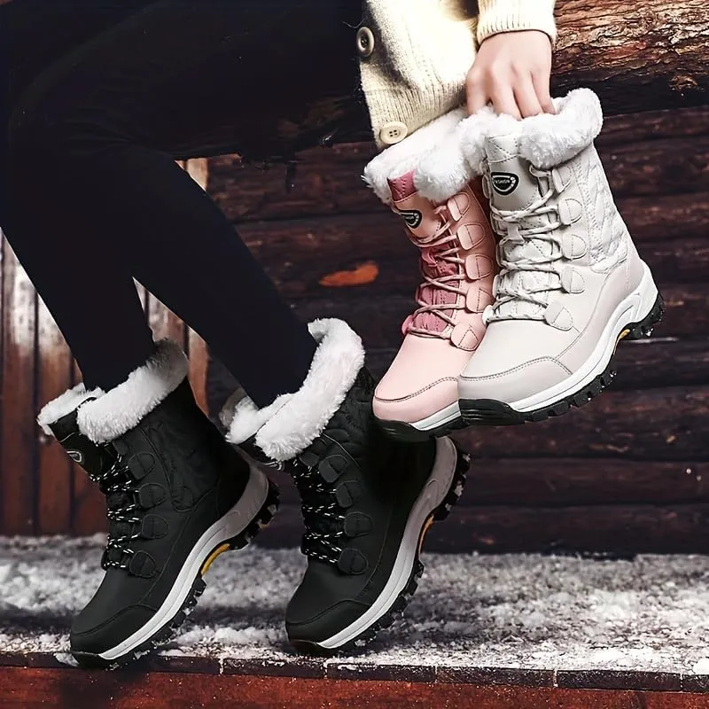 Women's Round Toe Outdoor Snow Boots, lace-up Winter Warm mid-Calf Boots, Comfortable Outdoor Walking Shoes