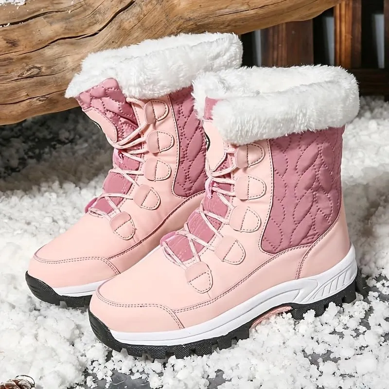 Women's Round Toe Outdoor Snow Boots, lace-up Winter Warm mid-Calf Boots, Comfortable Outdoor Walking Shoes