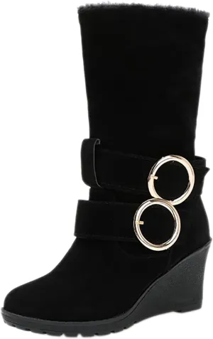 Women's Wedge Boots Round Toe Belt Mid Calf Boots Fashion Insulated Snow Boots Plus Velvet Warm Winter Snow Boots
