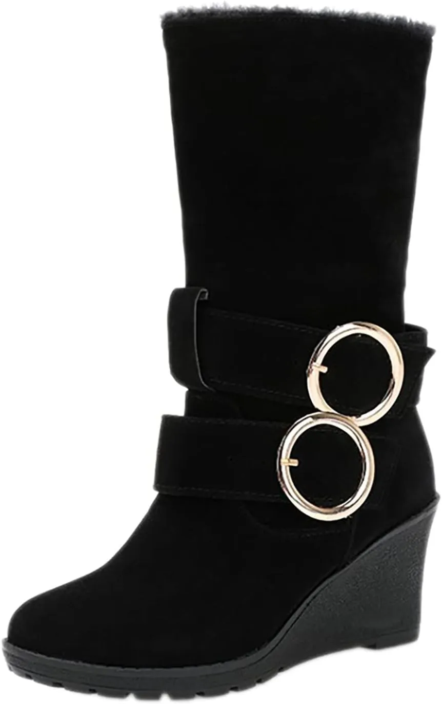 Women's Wedge Boots Round Toe Belt Mid Calf Boots Fashion Insulated Snow Boots Plus Velvet Warm Winter Snow Boots