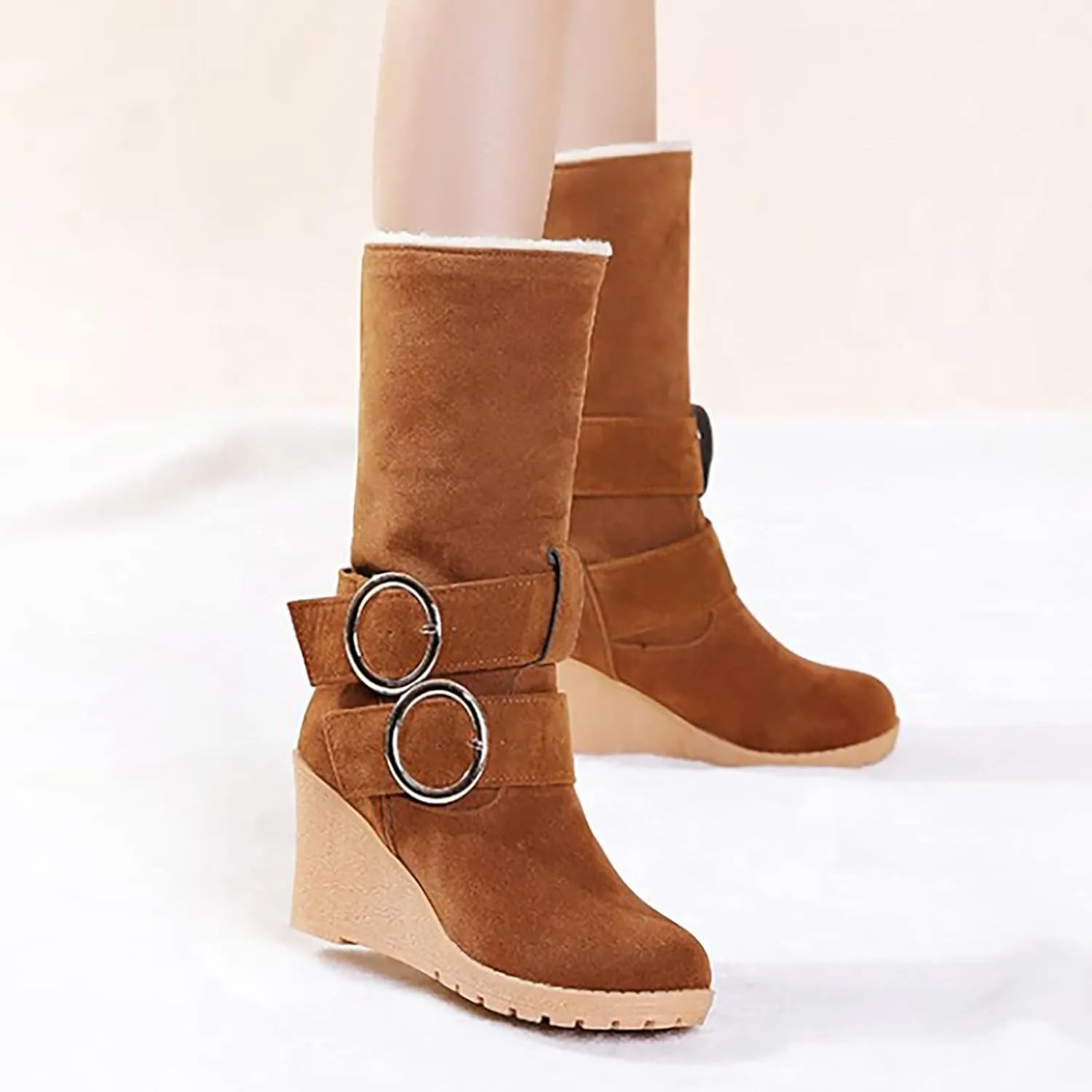 Women's Wedge Boots Round Toe Belt Mid Calf Boots Fashion Insulated Snow Boots Plus Velvet Warm Winter Snow Boots