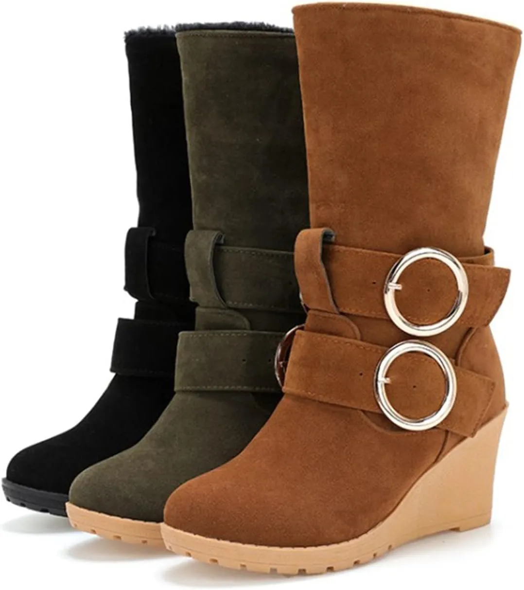 Women's Wedge Boots Round Toe Belt Mid Calf Boots Fashion Insulated Snow Boots Plus Velvet Warm Winter Snow Boots