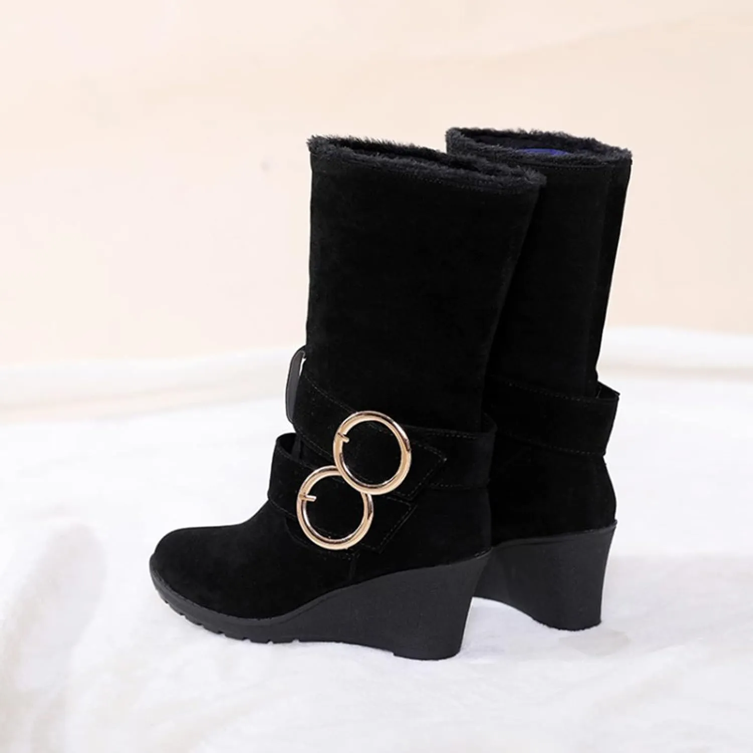 Women's Wedge Boots Round Toe Belt Mid Calf Boots Fashion Insulated Snow Boots Plus Velvet Warm Winter Snow Boots