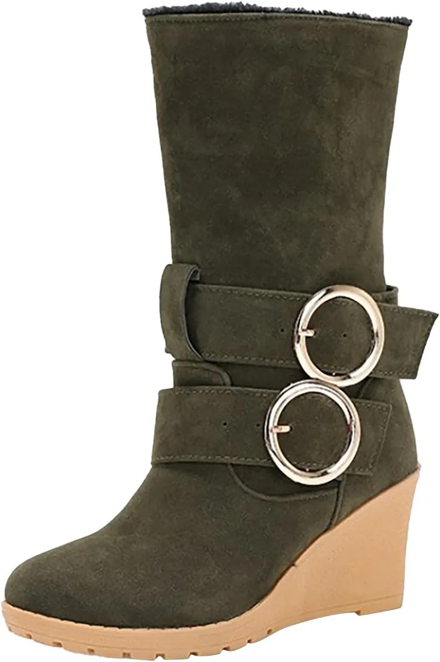 Women's Wedge Boots Round Toe Belt Mid Calf Boots Fashion Insulated Snow Boots Plus Velvet Warm Winter Snow Boots