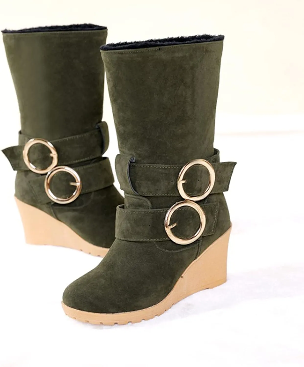 Women's Wedge Boots Round Toe Belt Mid Calf Boots Fashion Insulated Snow Boots Plus Velvet Warm Winter Snow Boots