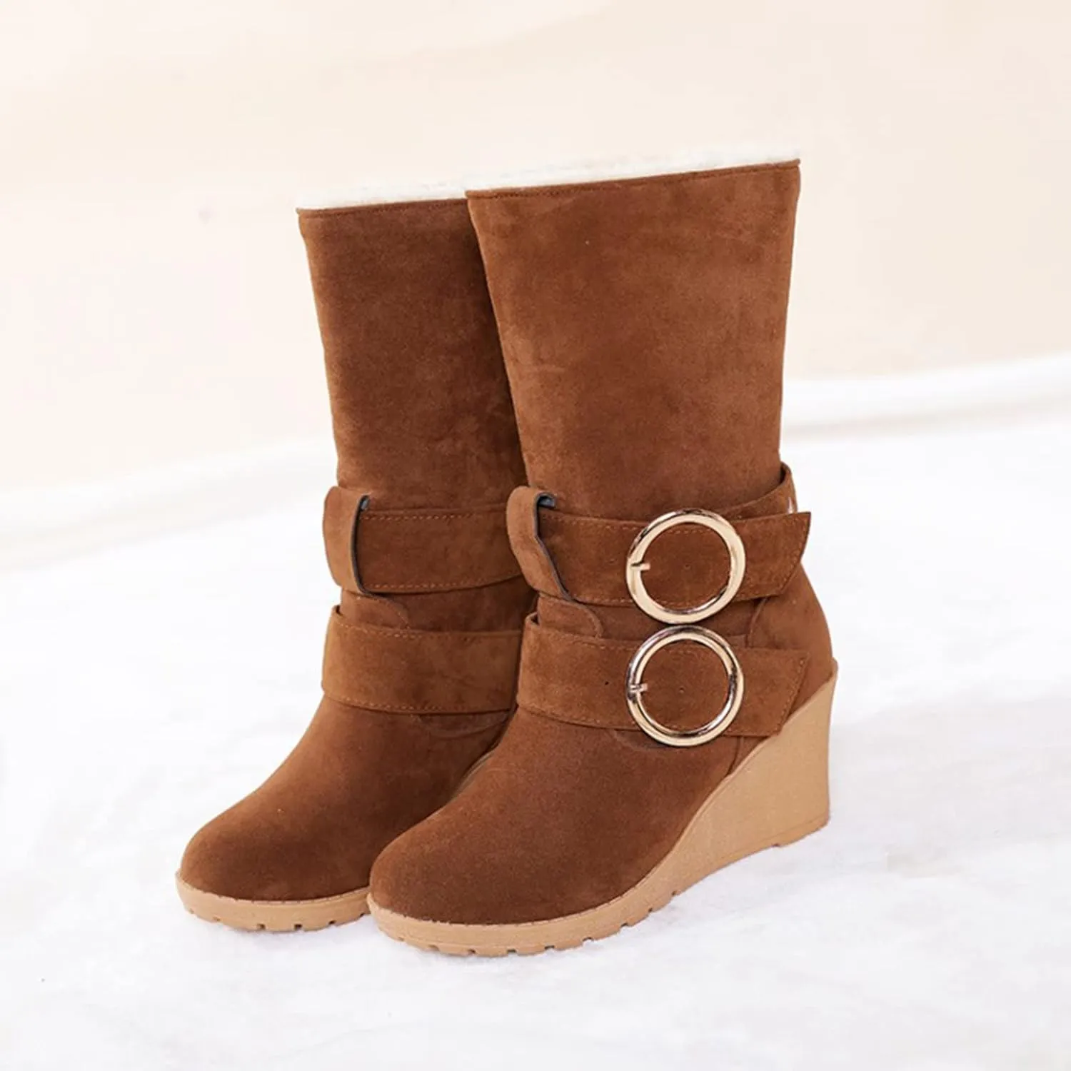 Women's Wedge Boots Round Toe Belt Mid Calf Boots Fashion Insulated Snow Boots Plus Velvet Warm Winter Snow Boots