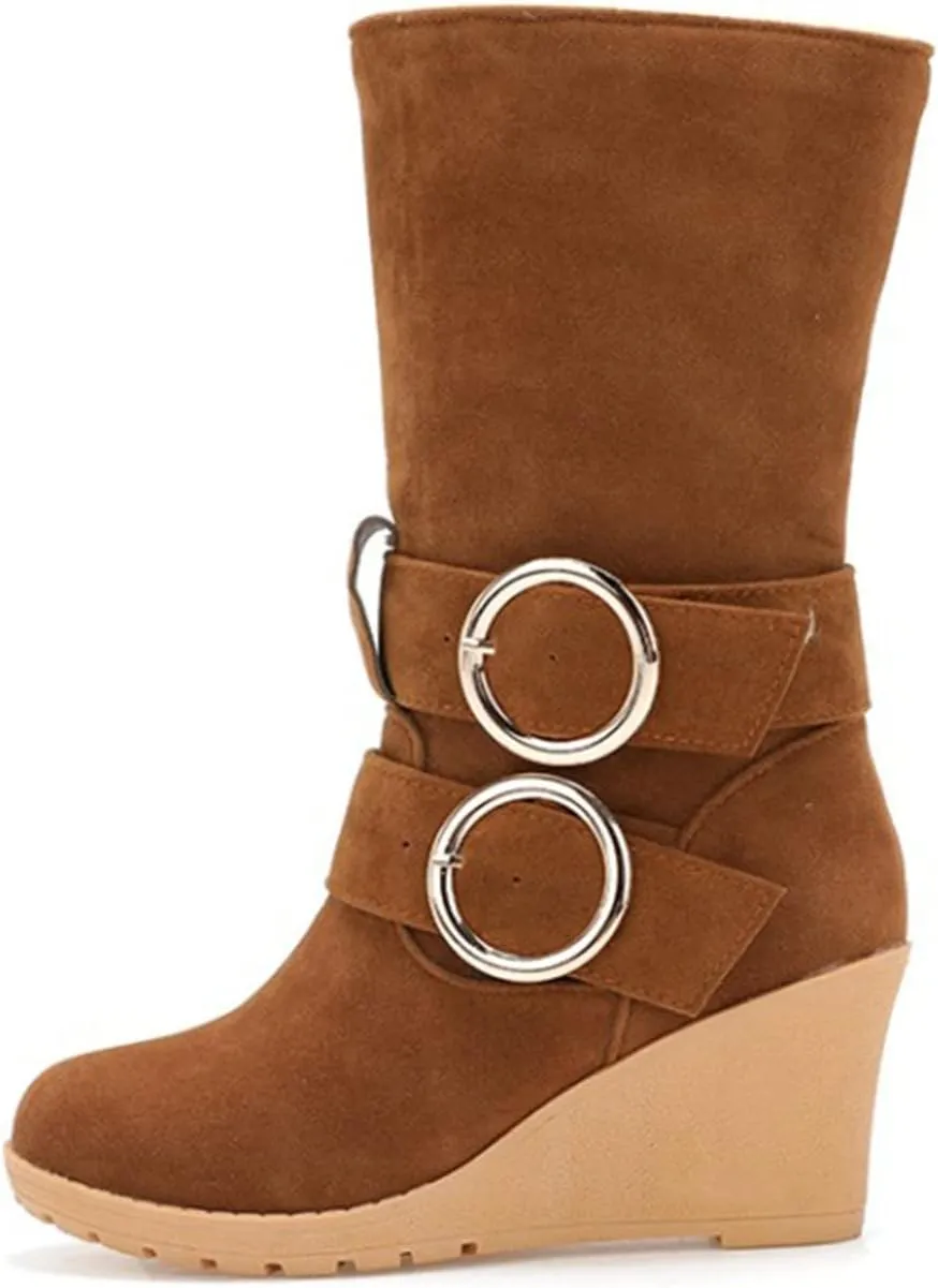 Women's Wedge Boots Round Toe Belt Mid Calf Boots Fashion Insulated Snow Boots Plus Velvet Warm Winter Snow Boots