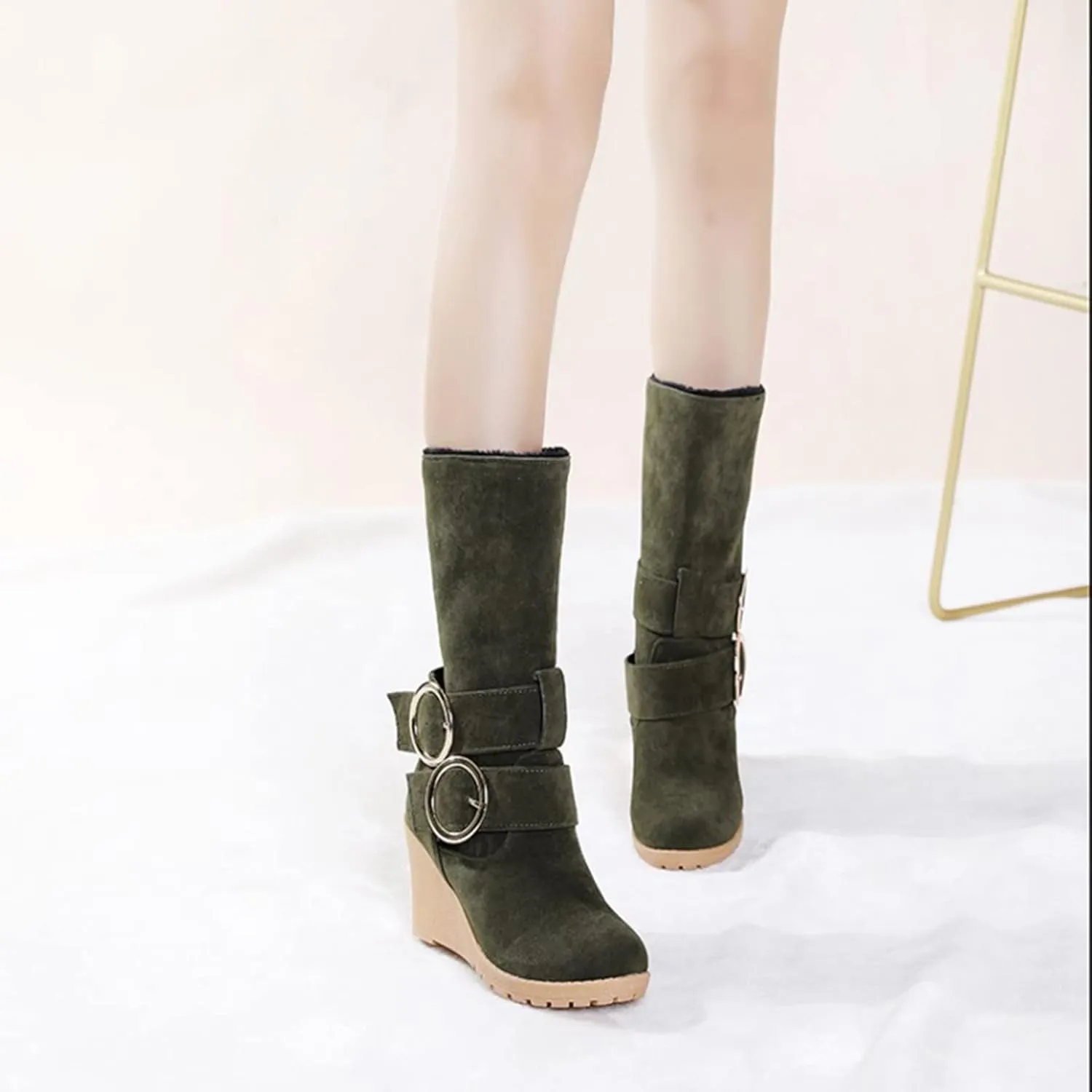 Women's Wedge Boots Round Toe Belt Mid Calf Boots Fashion Insulated Snow Boots Plus Velvet Warm Winter Snow Boots