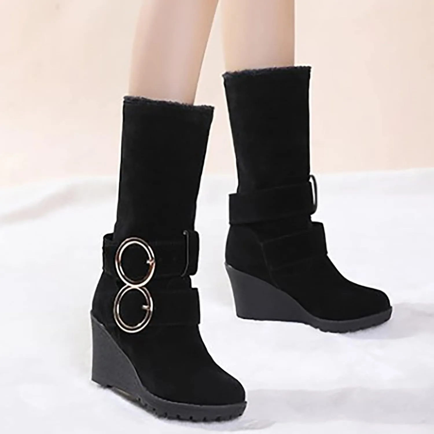 Women's Wedge Boots Round Toe Belt Mid Calf Boots Fashion Insulated Snow Boots Plus Velvet Warm Winter Snow Boots