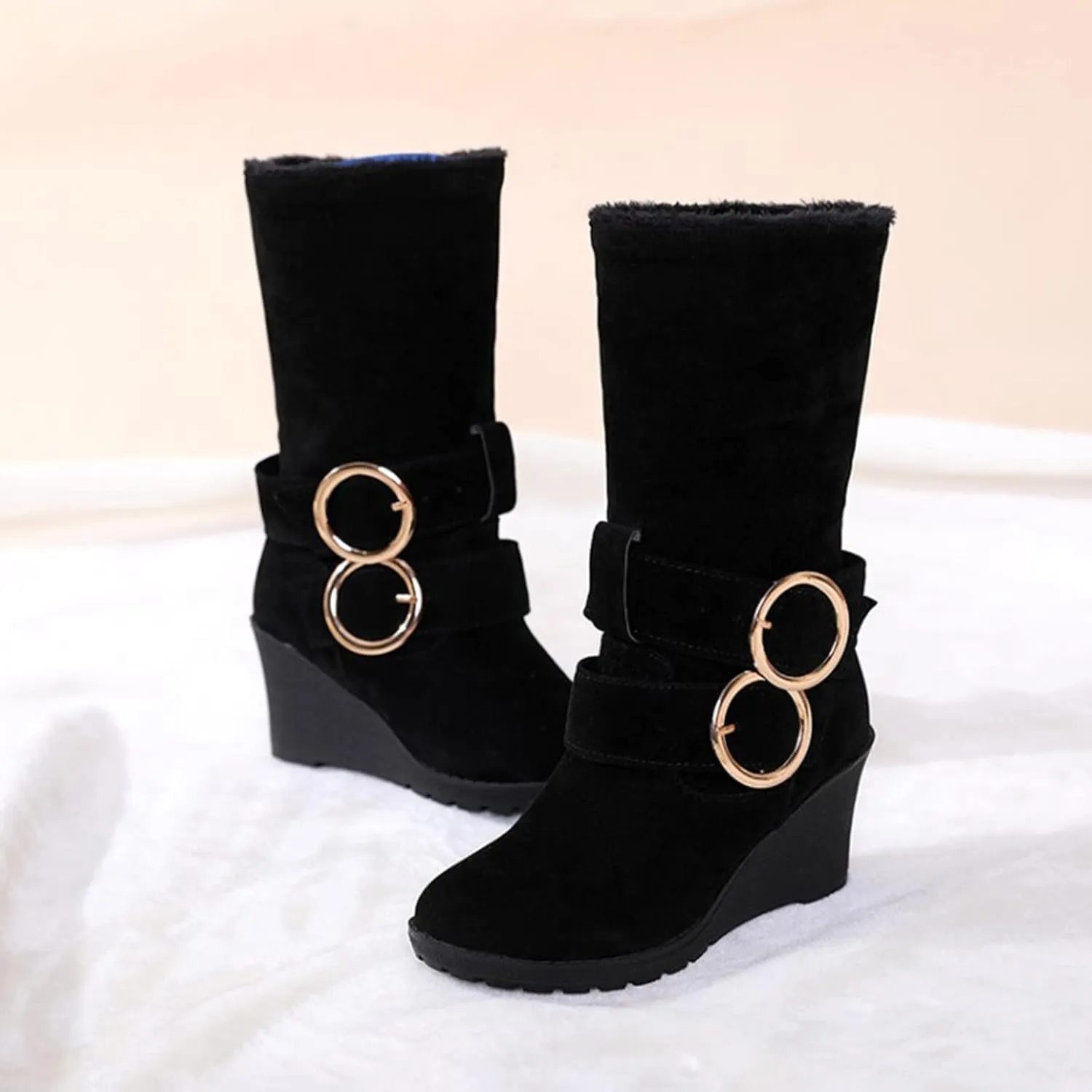 Women's Wedge Boots Round Toe Belt Mid Calf Boots Fashion Insulated Snow Boots Plus Velvet Warm Winter Snow Boots