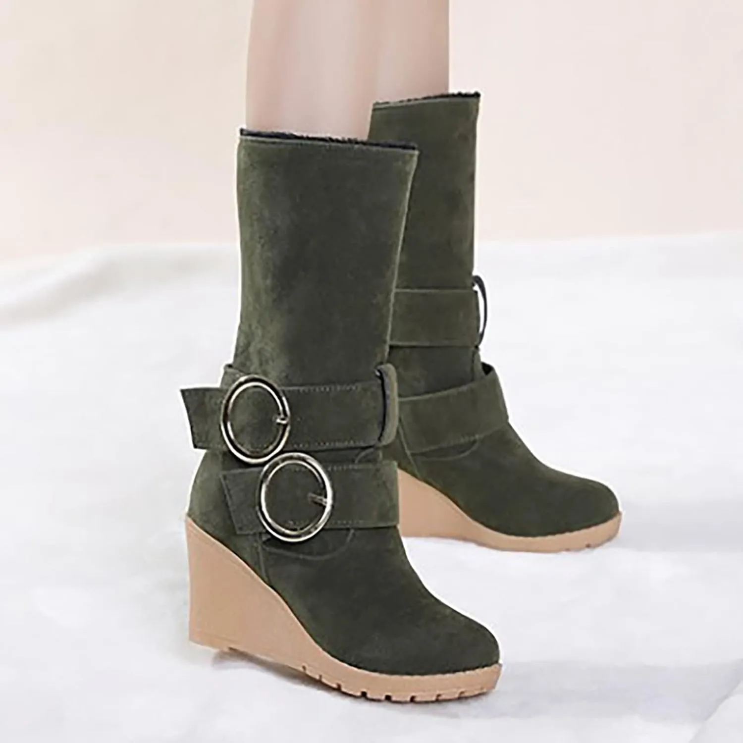 Women's Wedge Boots Round Toe Belt Mid Calf Boots Fashion Insulated Snow Boots Plus Velvet Warm Winter Snow Boots