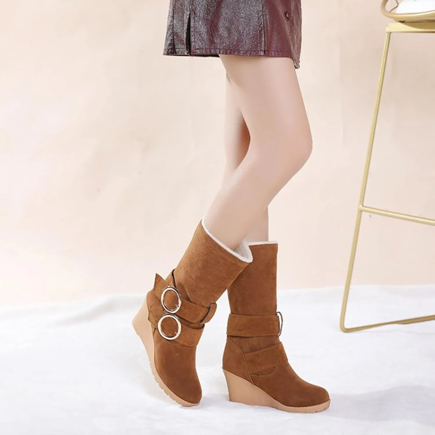 Women's Wedge Boots Round Toe Belt Mid Calf Boots Fashion Insulated Snow Boots Plus Velvet Warm Winter Snow Boots