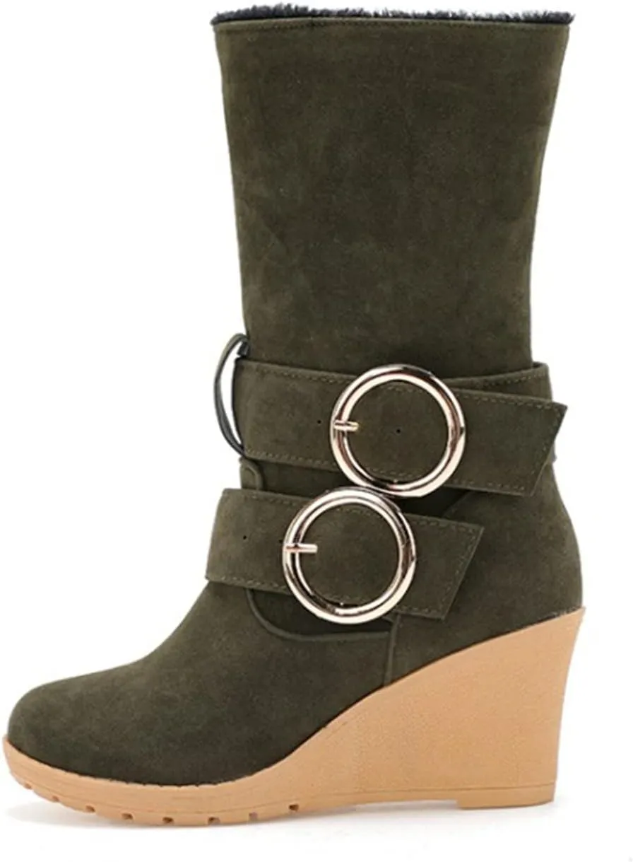 Women's Wedge Boots Round Toe Belt Mid Calf Boots Fashion Insulated Snow Boots Plus Velvet Warm Winter Snow Boots