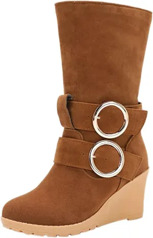 Women's Wedge Boots Round Toe Belt Mid Calf Boots Fashion Insulated Snow Boots Plus Velvet Warm Winter Snow Boots
