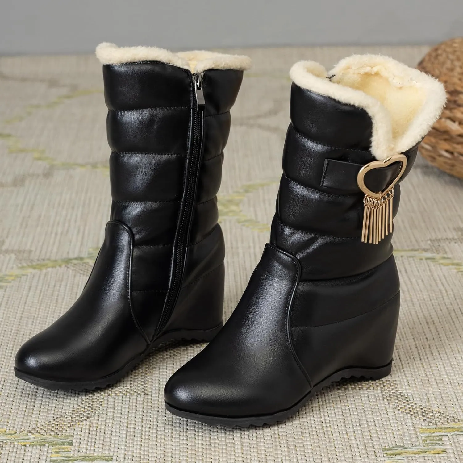 Women's Wedge Heel Mid Calf Boots Round Toe Snow Boots with Zipper