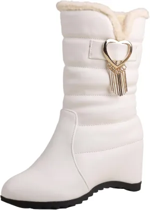 Women's Wedge Heel Mid Calf Boots Round Toe Snow Boots with Zipper