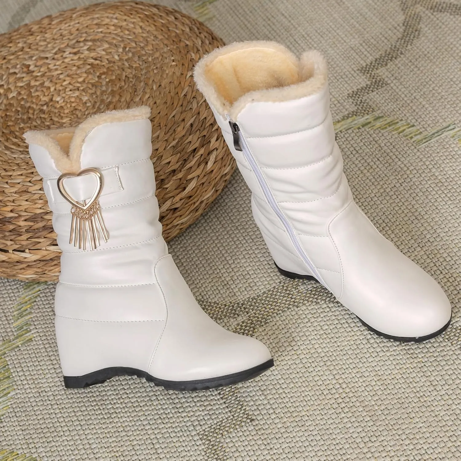 Women's Wedge Heel Mid Calf Boots Round Toe Snow Boots with Zipper