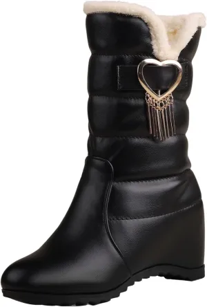 Women's Wedge Heel Mid Calf Boots Round Toe Snow Boots with Zipper