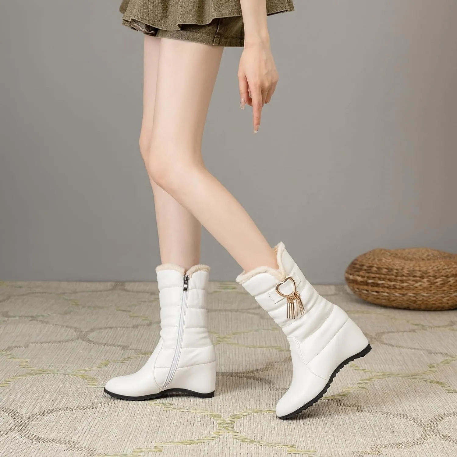Women's Wedge Heel Mid Calf Boots Round Toe Snow Boots with Zipper