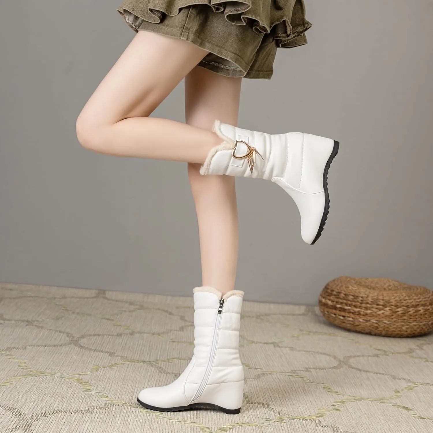 Women's Wedge Heel Mid Calf Boots Round Toe Snow Boots with Zipper