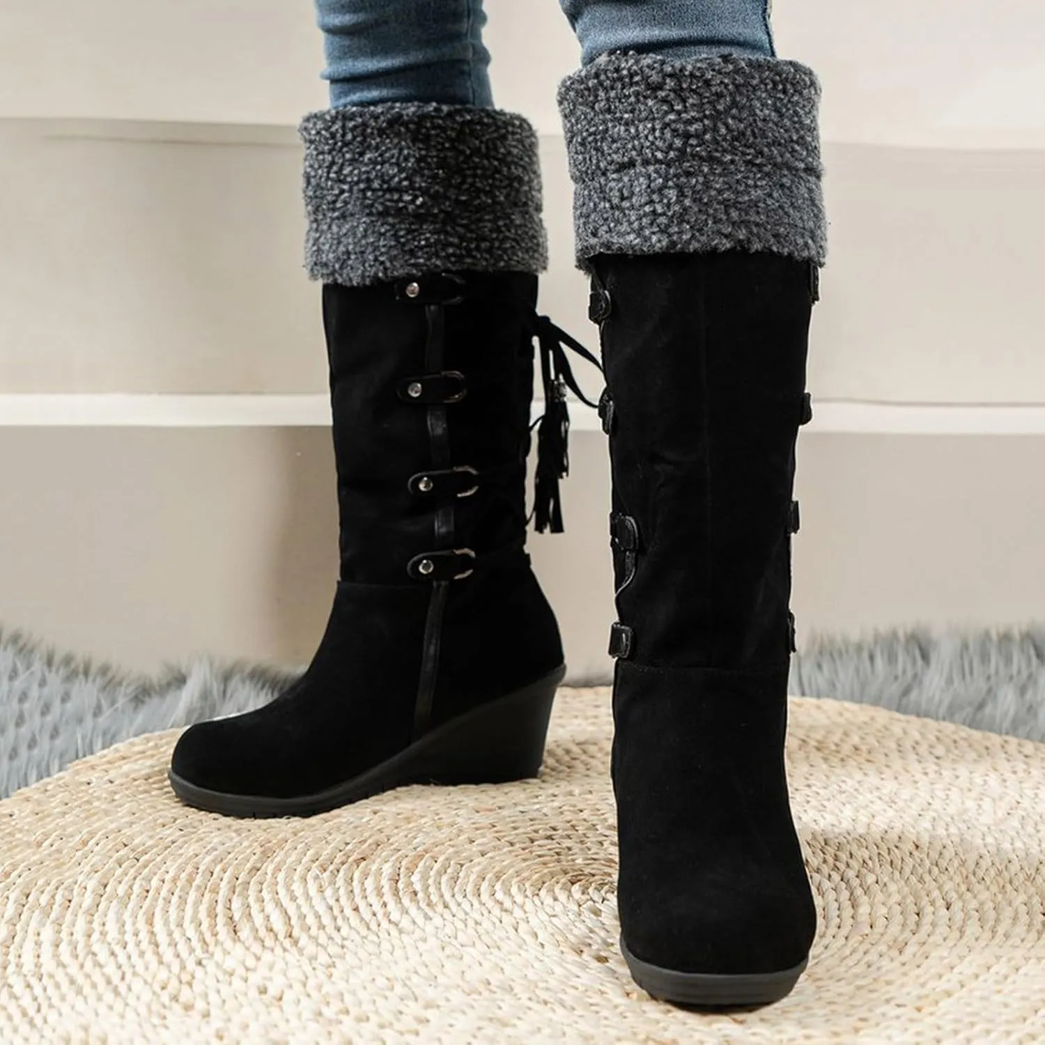 Women's Wedge Snow Boots Water Proof Insulated Winter Boots Fashion Lace Up Furry Boots Casual Mid Calf Boot