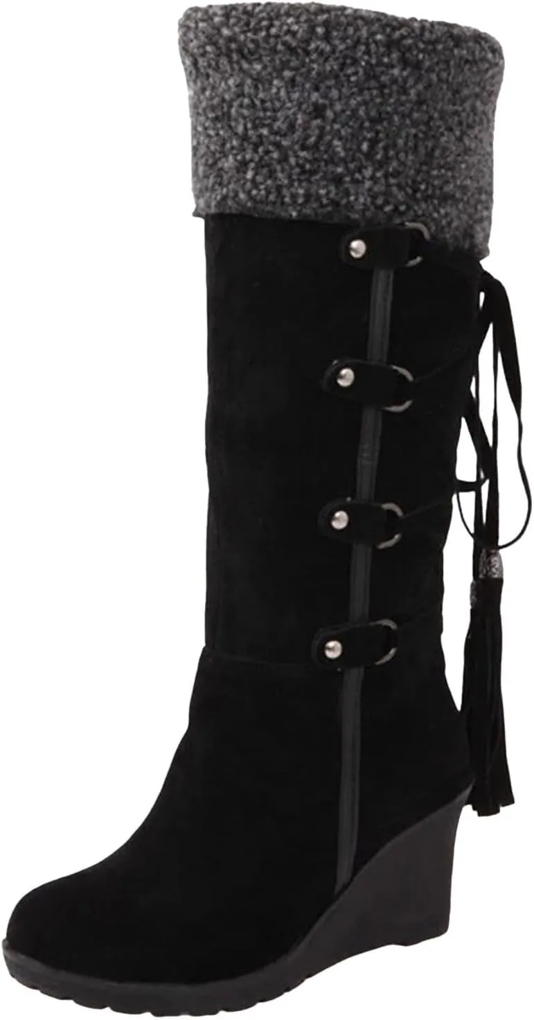 Women's Wedge Snow Boots Water Proof Insulated Winter Boots Fashion Lace Up Furry Boots Casual Mid Calf Boot